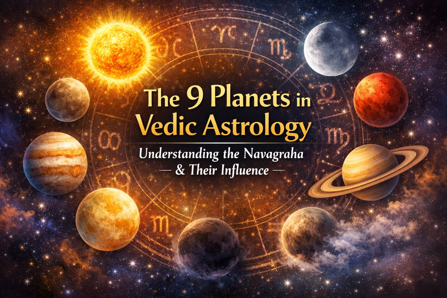 Illustration of the 9 planets in Vedic astrology (Navagraha) including Sun, Moon, Mars, Mercury, Jupiter, Venus, Saturn, Rahu and Ketu.