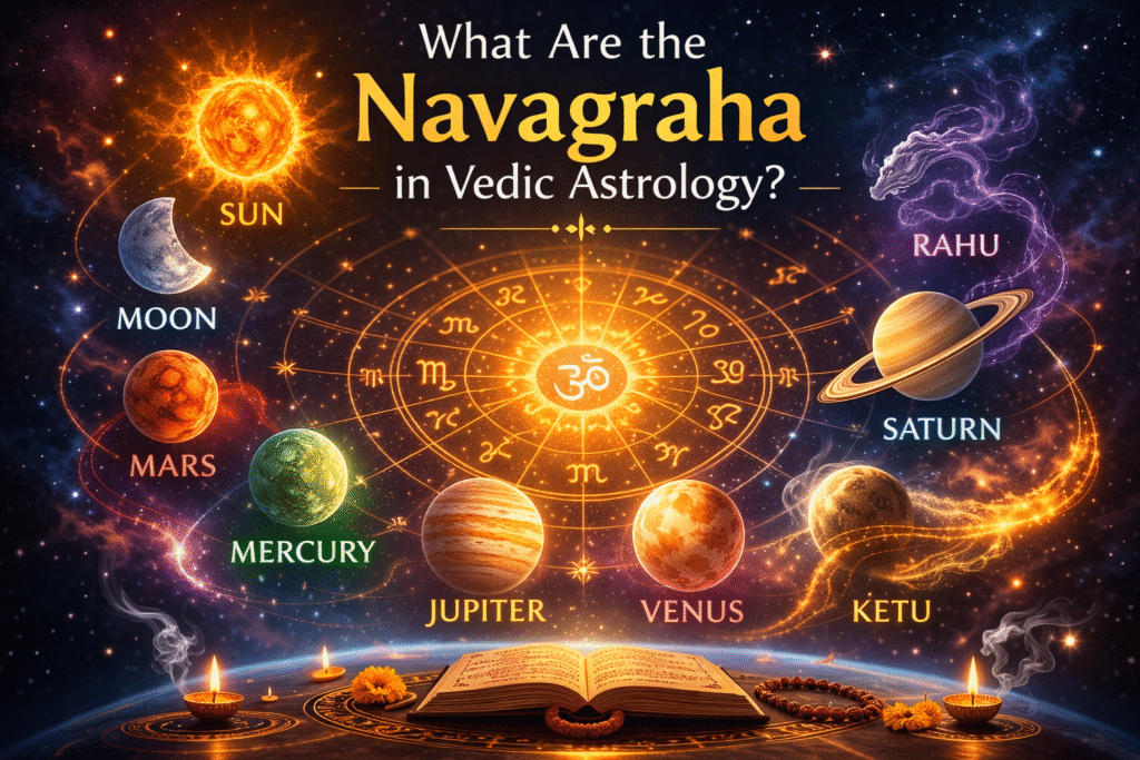 Diagram showing the Navagraha in Vedic astrology including Sun, Moon, Mars, Mercury, Jupiter, Venus, Saturn, Rahu and Ketu.