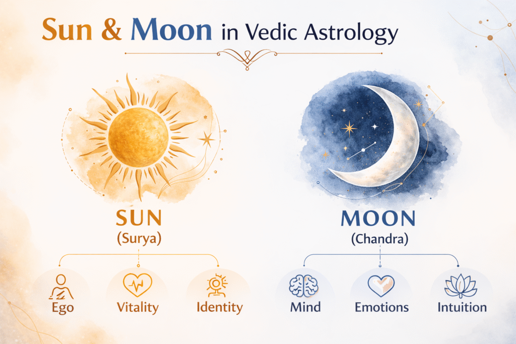 Sun and Moon in Vedic astrology representing identity, ego, mind and emotions in a birth chart.
