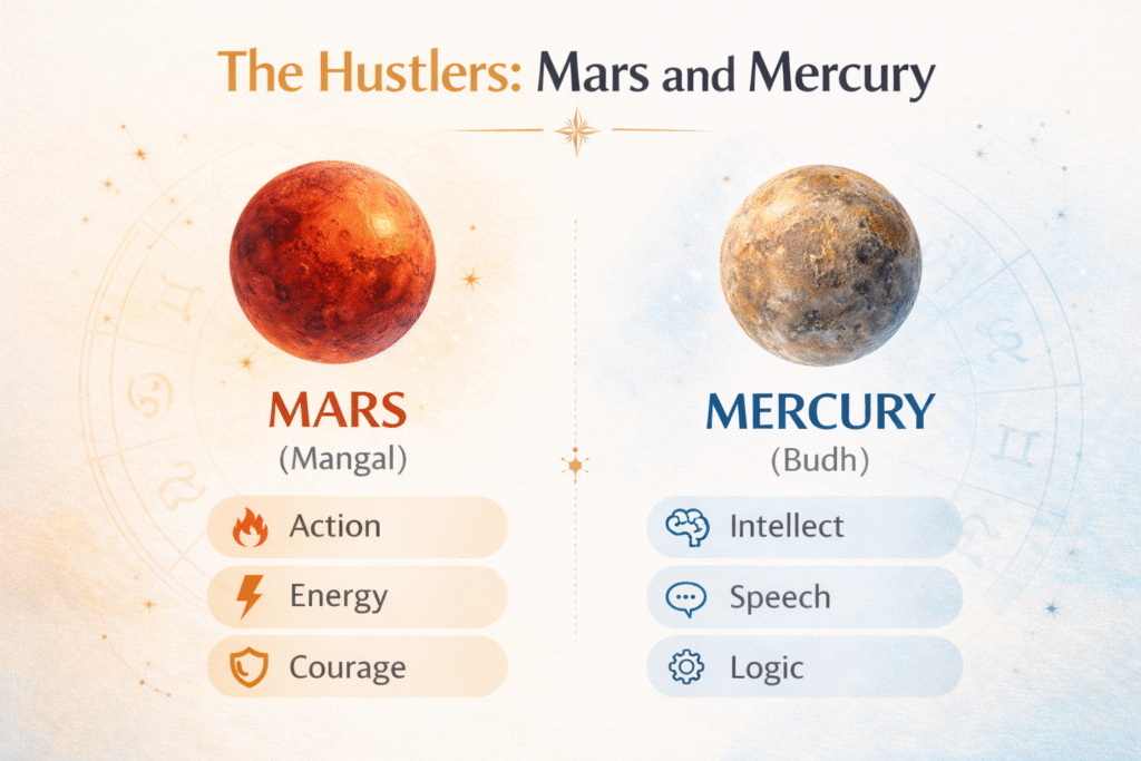Mars and Mercury in Vedic astrology representing action, courage, communication and intelligence in a birth chart.