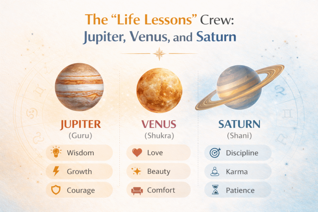 Jupiter, Venus, and Saturn in Vedic astrology representing wisdom, love, discipline and life lessons in a birth chart.