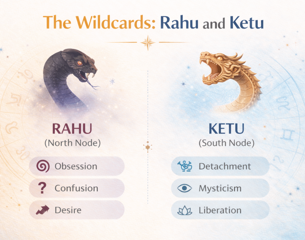 Rahu and Ketu in Vedic astrology representing karmic forces, obsession, detachment and spiritual transformation in a birth chart.